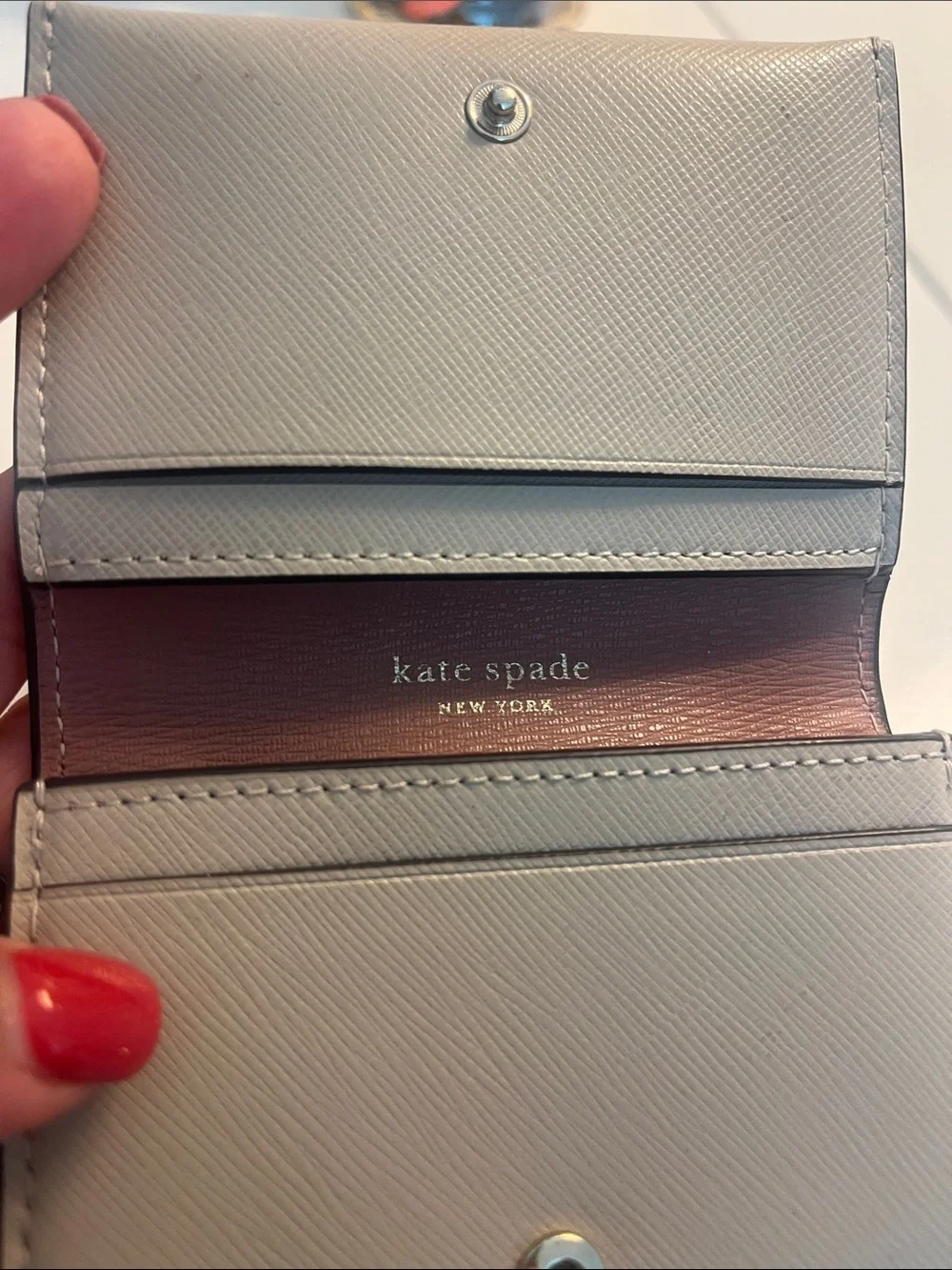 kate spade Small Trifold Wallet in Blush color with Gold Heart Accent